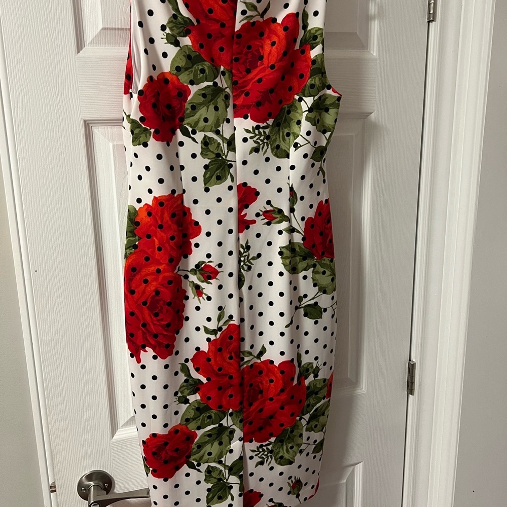 Jessica Simpson White Sheath Dress with Red Floral & Black Polka Dots